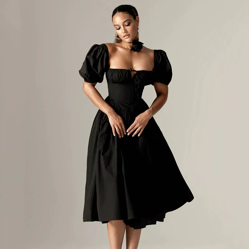 Xmzty | French Black Square Neck Puff Sleeve Waist Midi Dress