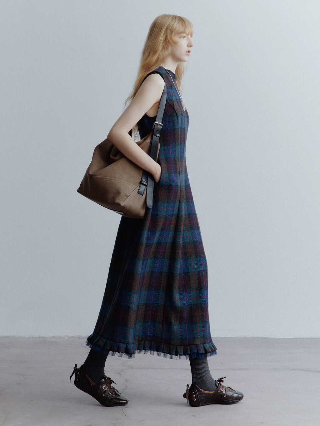Xmzty | Blue Plaid Wool Dress with Mesh Stitching and Skirt Layering for Women