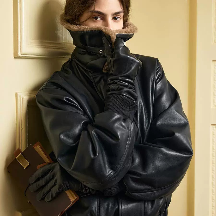 Xmzty | Retro Short Leather Biker Jacket with Fur One-Lapel