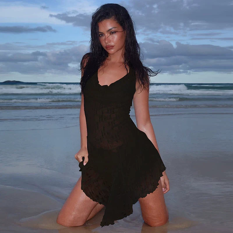 Xmzty | Pure Sexy Semi-Sheer Jacquard Lace Halter Neck High-Waist Mini Dress for Women