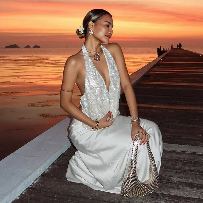 Xmzty | Romantic Galaxy Sunset Hanging Neck Suspender Dress for Women, Versatile Dinner Style