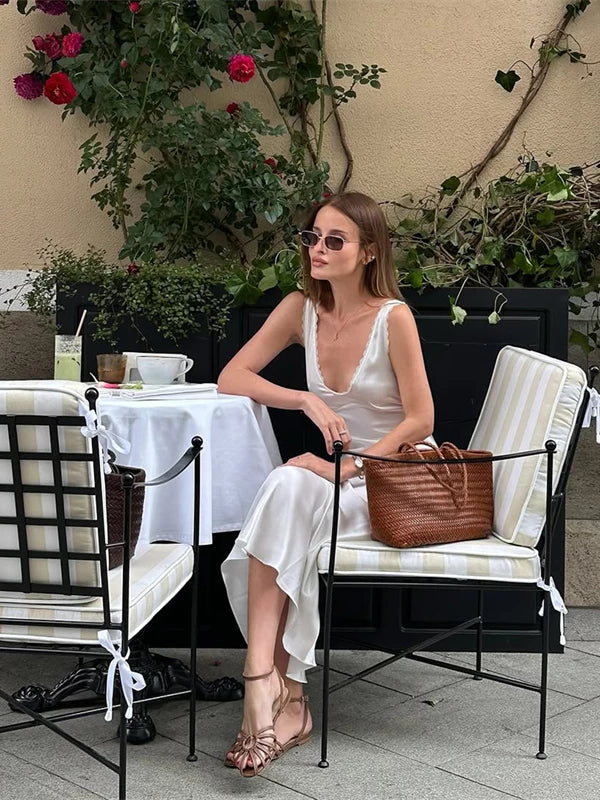 Xmzty | French Romantic Lace & Satin Deep V-Neck Suspender Maxi Dress for Women