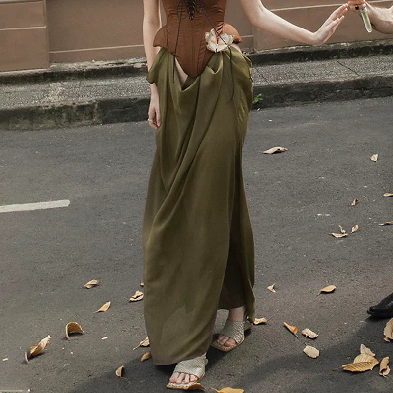 Xmzty | Elegant Brown Mesh Belted Suspender Maxi Dress for Women