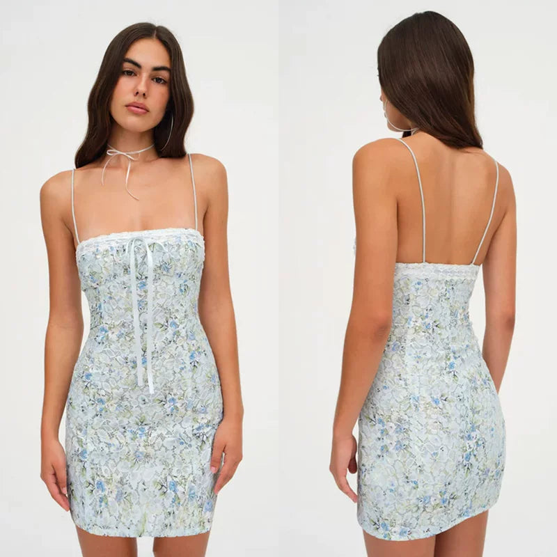 Xmzty | French Sexy Blue Floral Lace Strapless Bodycon Dress for Women