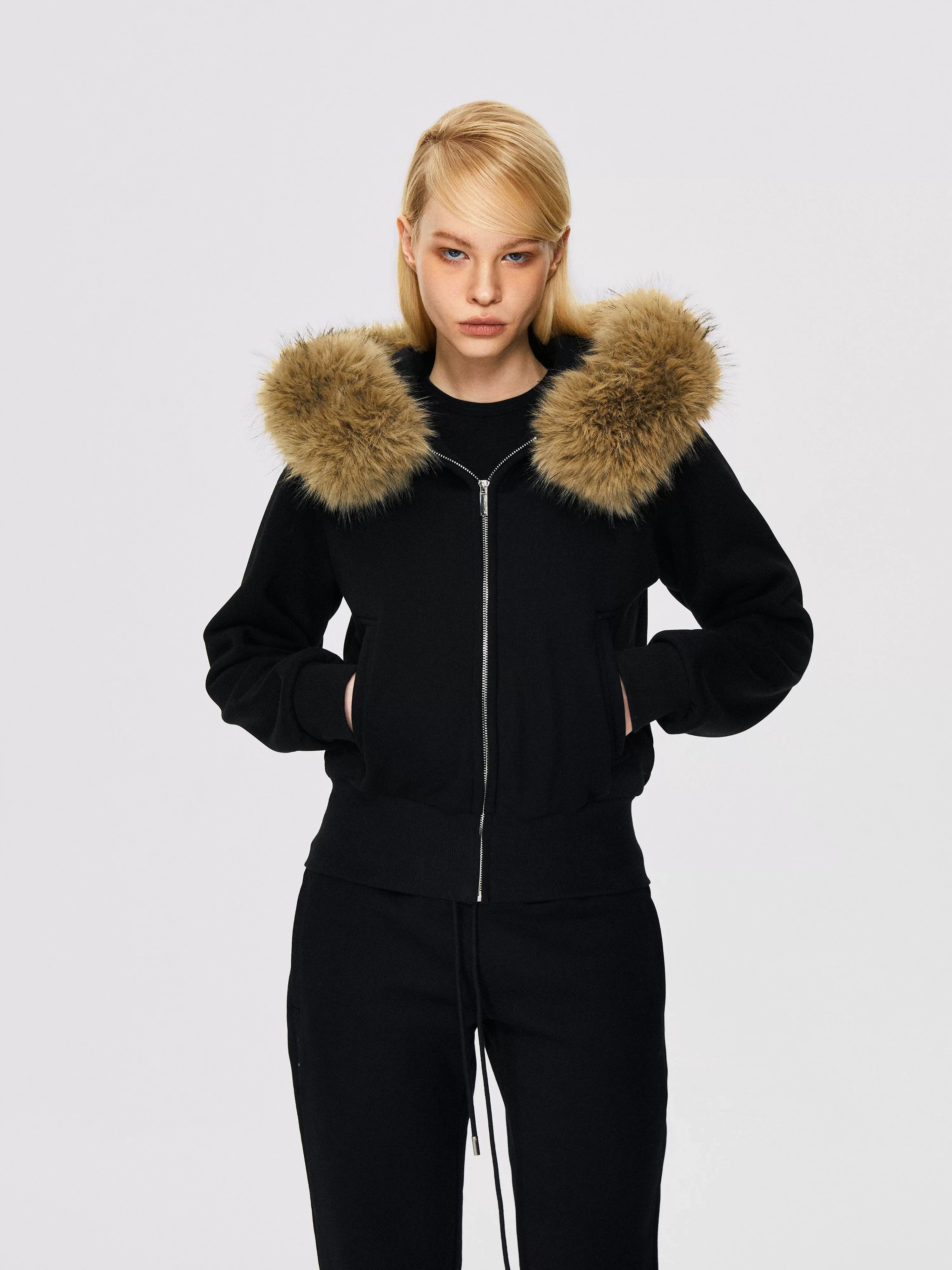 Xmzty | Fur-Lined Hooded Zipper Sweatshirt Jacket for Women