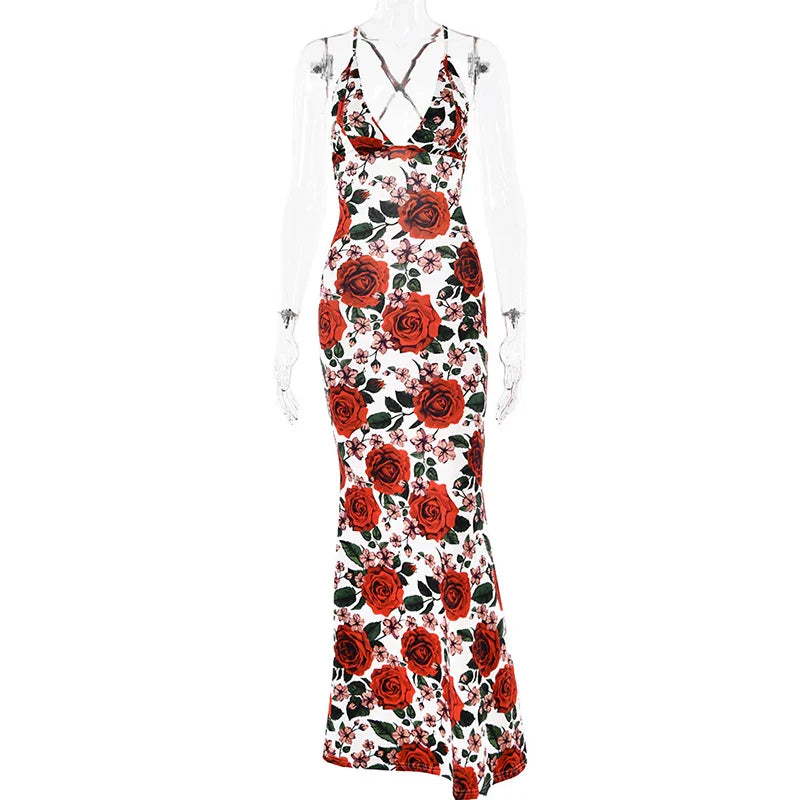 Xmzty | European-American Rose Print Backless Sling Maxi Dress for Summer Vacation