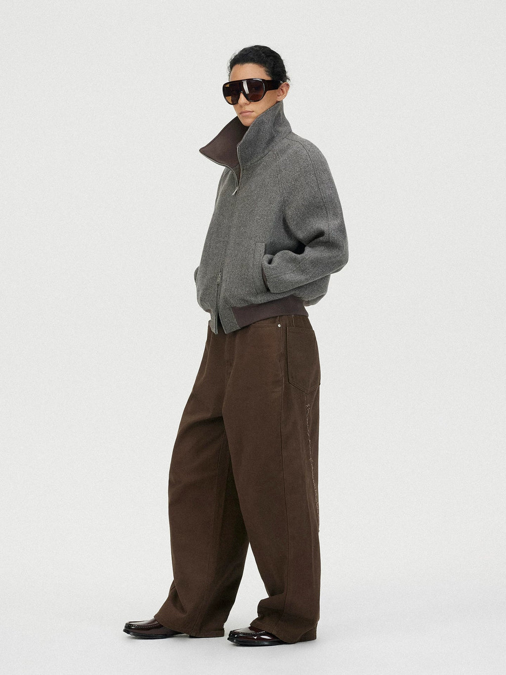 Xmzty | Herringbone Wool High-Collar Curved Shoulder Jacket