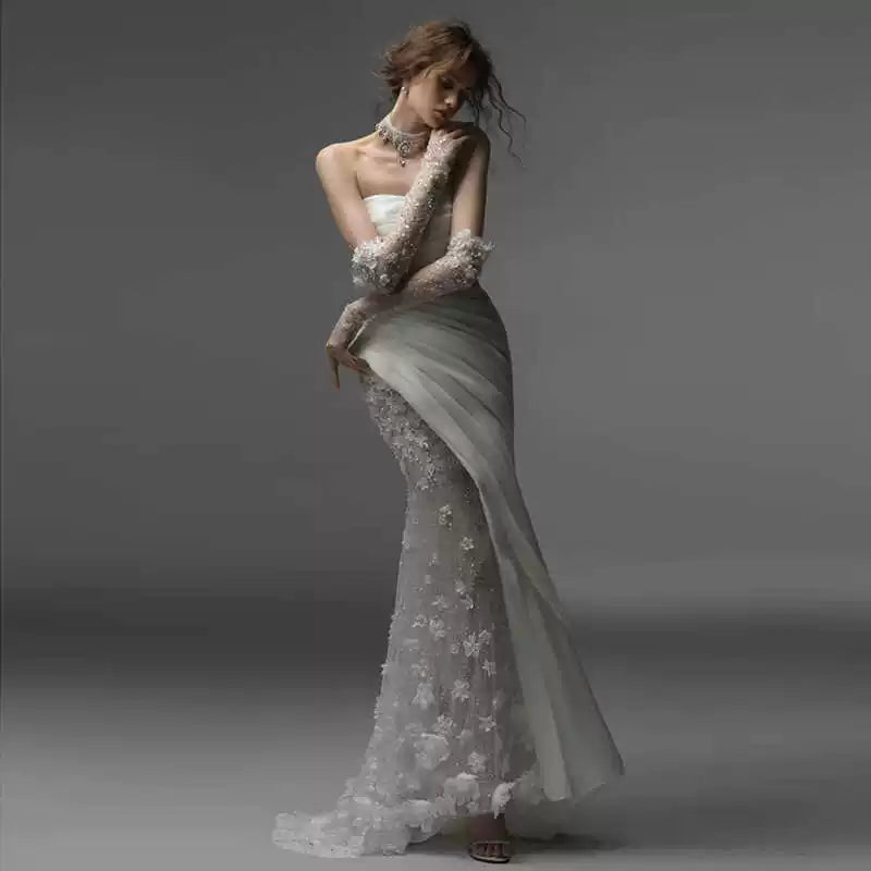 Xmzty | White Tube Top Light Luxury Wedding Dress with Fishtail Skirt