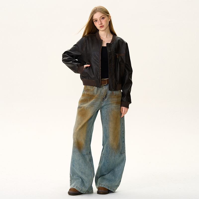 Xmzty | Retro Distressed Brown Leather Motorcycle Jacket