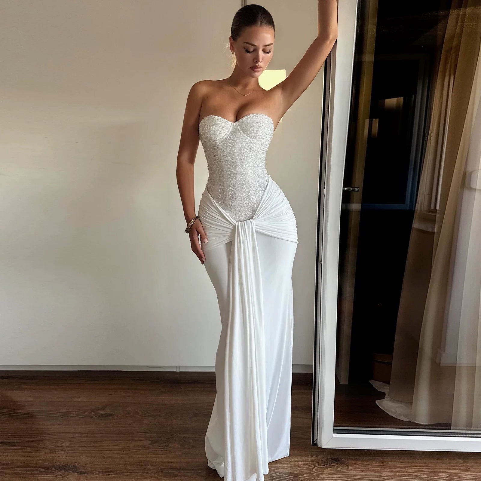 Xmzty | American Glam Sequin Spliced Strapless Maxi Dress for Women