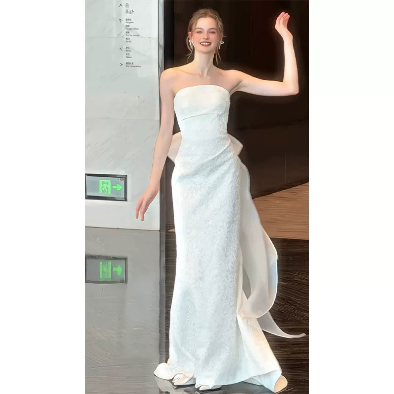 Xmzty | French Tube Top White Lace Wedding Dress with Forest Style Elegance