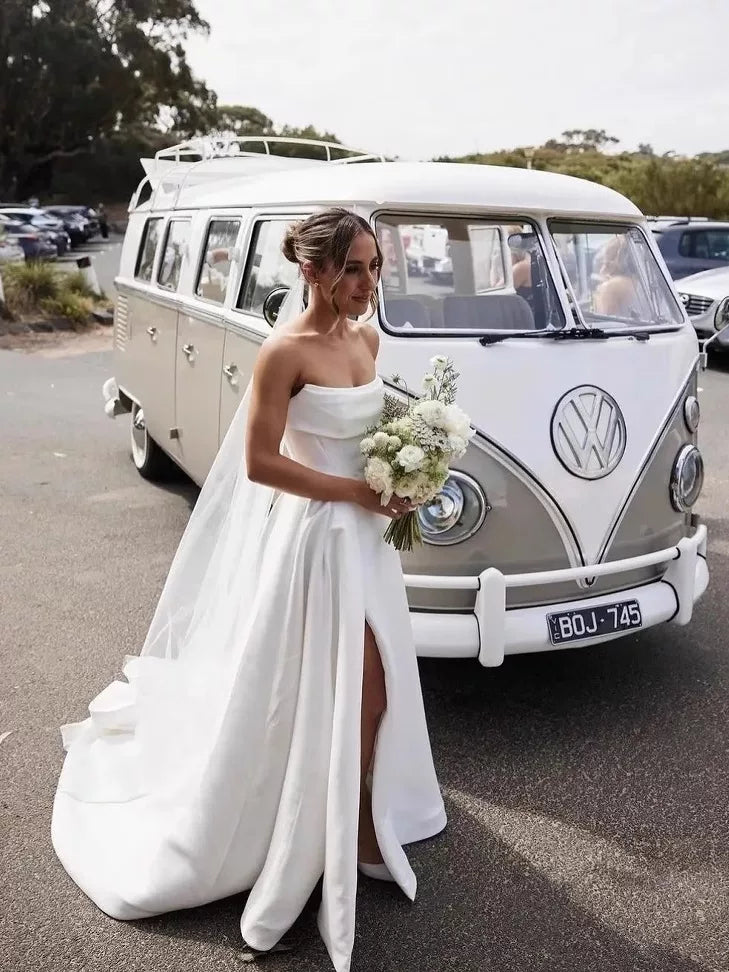 Xmzty | Strapless French Satin Wedding Dress with Light Tail and Veil