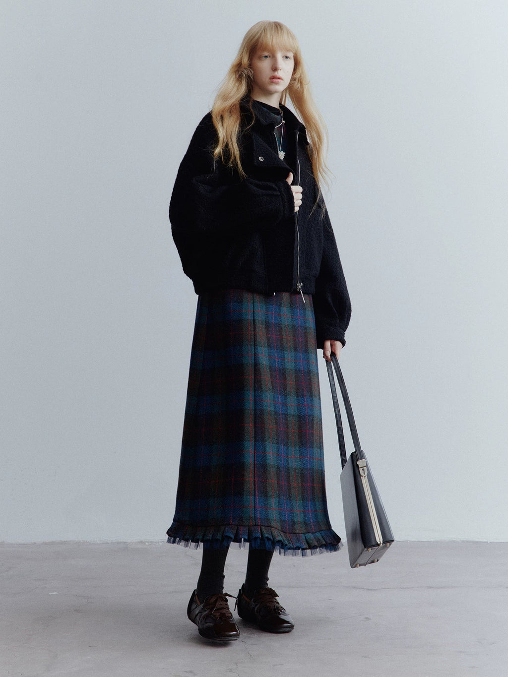 Xmzty | Blue Plaid Wool Dress with Mesh Stitching and Skirt Layering for Women