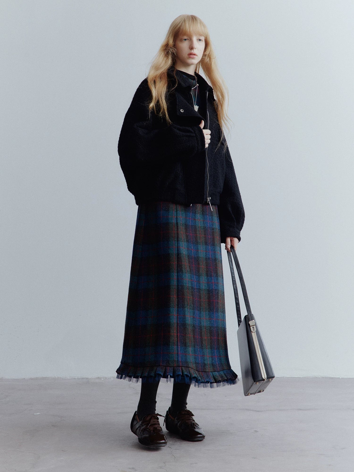 Xmzty | Blue Plaid Wool Dress with Mesh Stitching and Skirt Layering for Women