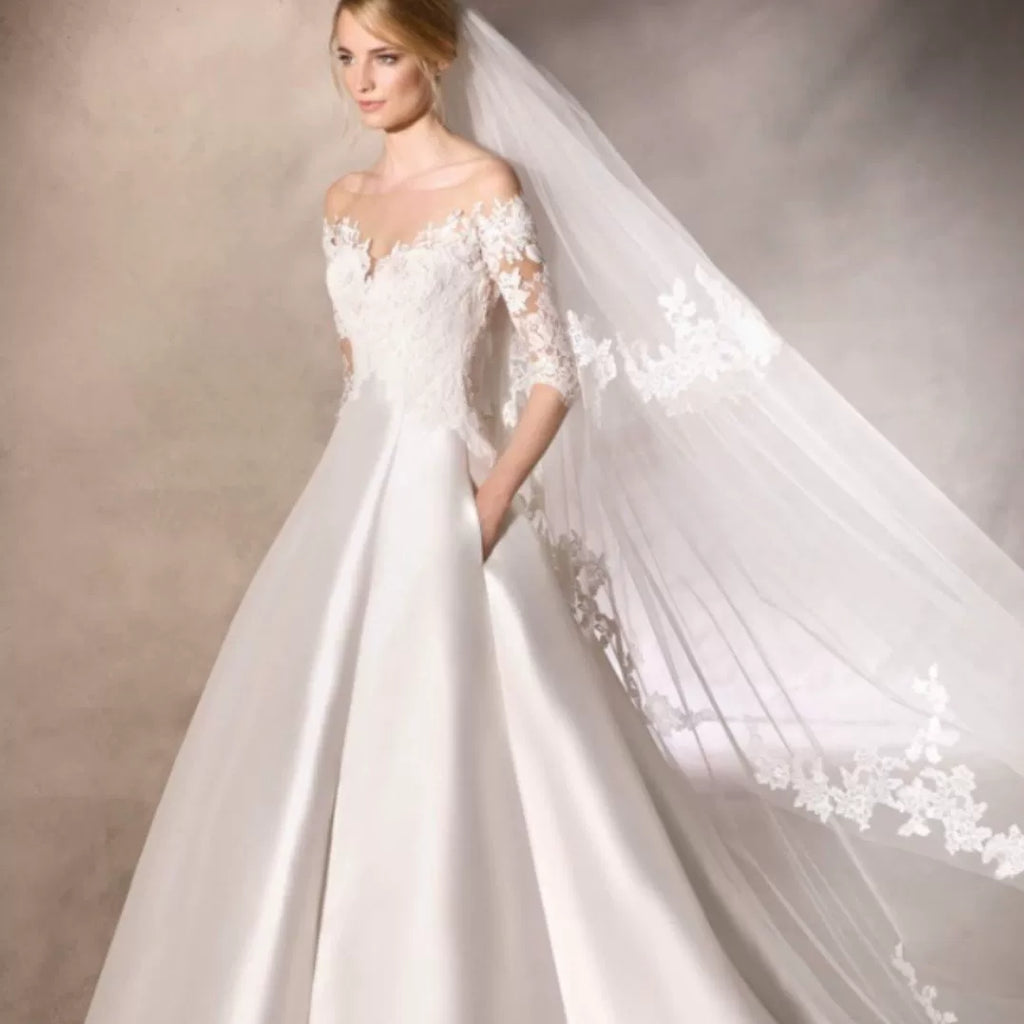 Xmzty | Satin One-Shoulder French Forest-Inspired Wedding Dress with Lace Trailing Skirt