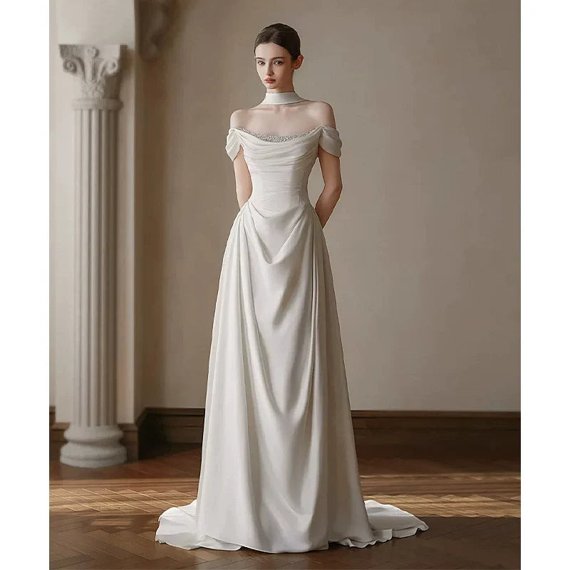 Xmzty | French One-Shoulder Light Luxury Wedding Dress with Satin Trailing Skirt