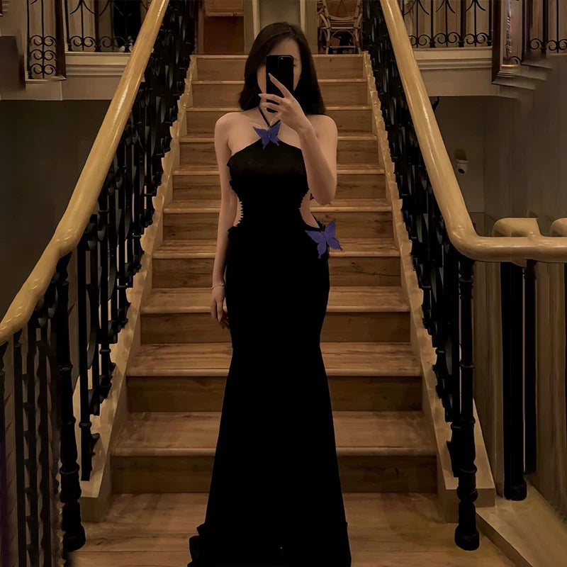 Xmzty | French Elegant Butterfly Embellished Halter Fishtail Dress for Women