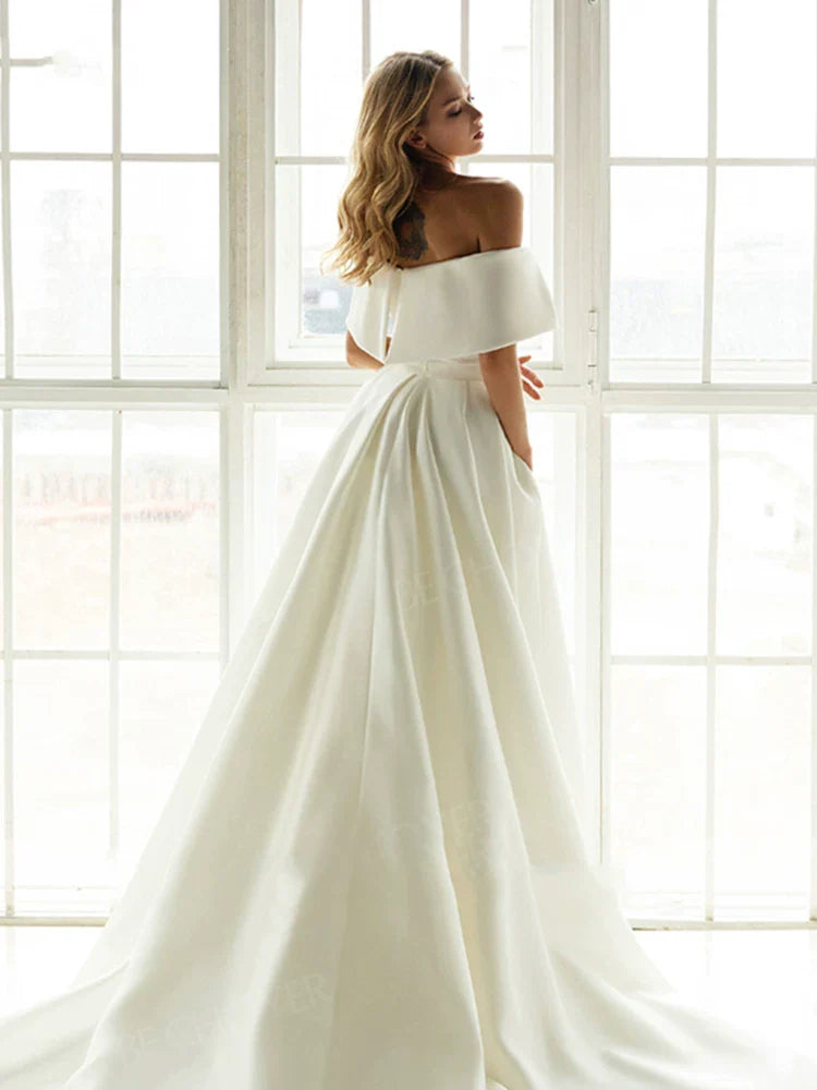 Xmzty | French Satin One-Shoulder Wedding Dress with Long Elegant Tail