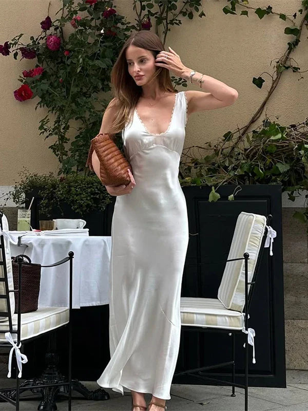 Xmzty | French Romantic Lace & Satin Deep V-Neck Suspender Maxi Dress for Women