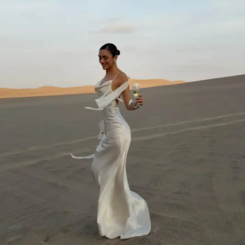 Xmzty | French Satin Backless Holiday Slip Dress with Floral Detail