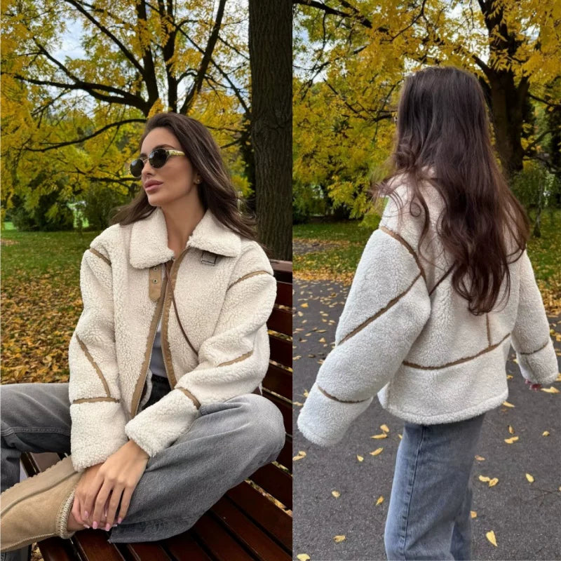 Xmzty | American Retro Motorcycle Jacket with Contrast Fleece Lapel