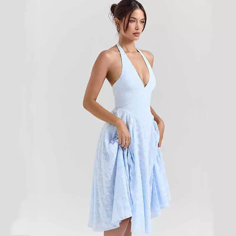 Xmzty | French Fairy Blue Jacquard V-Neck Backless Halter Holiday Dress for Women