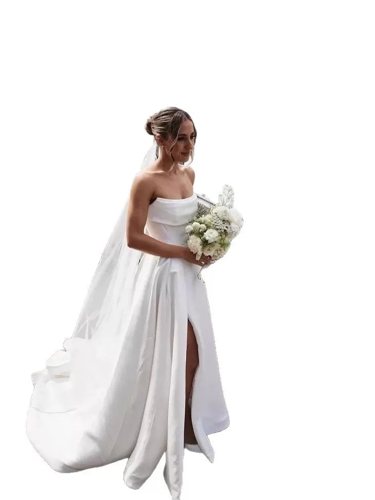 Xmzty | Strapless French Satin Wedding Dress with Light Tail and Veil