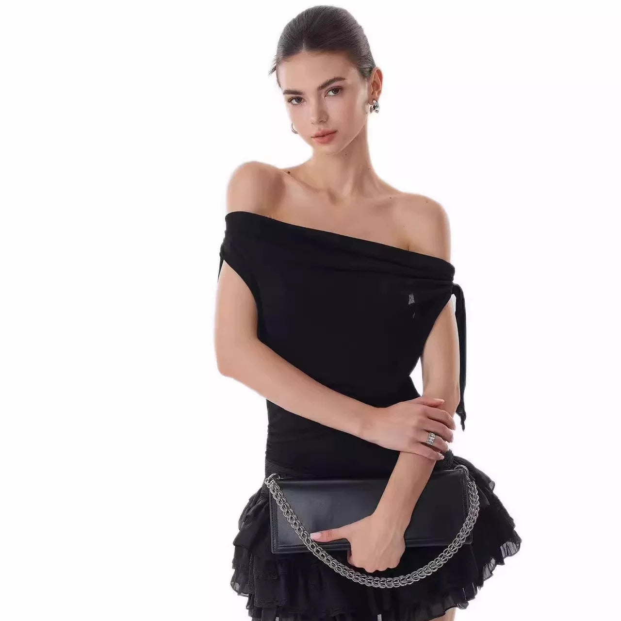 Xmzty | Black Ribbon Off-Shoulder Slim Mini Dress for Women