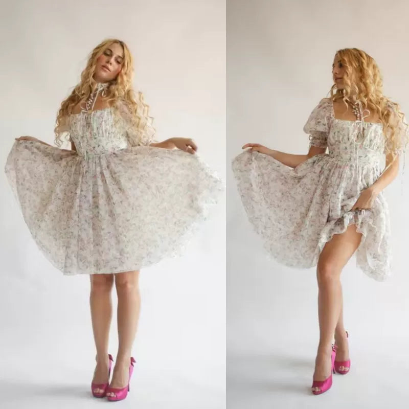 Xmzty | French Pastoral Square Neck Puff Sleeve Tea Dress