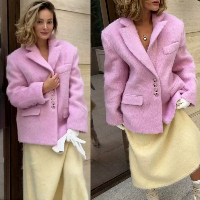 Xmzty | Gold-Style Woolen Mid-Length Blazer for Women