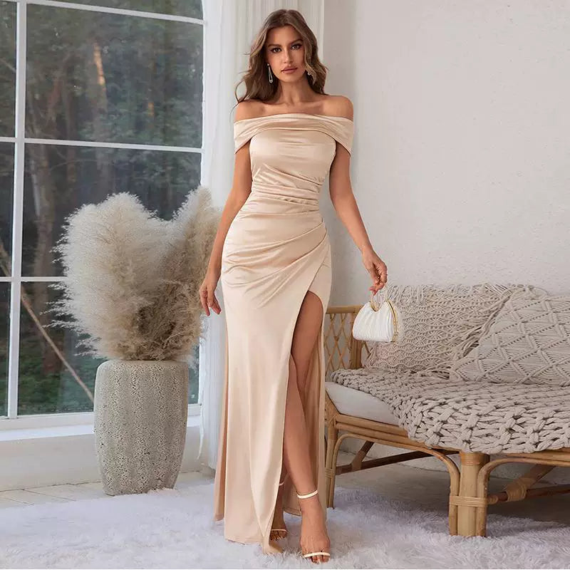 Xmzty | European-American One-Shoulder Satin Dress with Slit and Slim Long Skirt