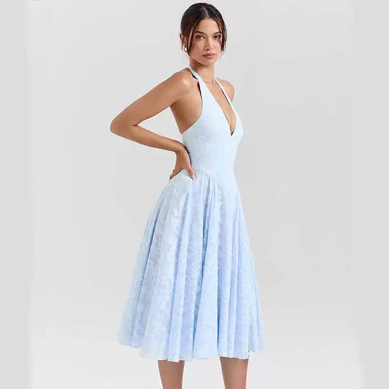 Xmzty | French Fairy Blue Jacquard V-Neck Backless Halter Holiday Dress for Women