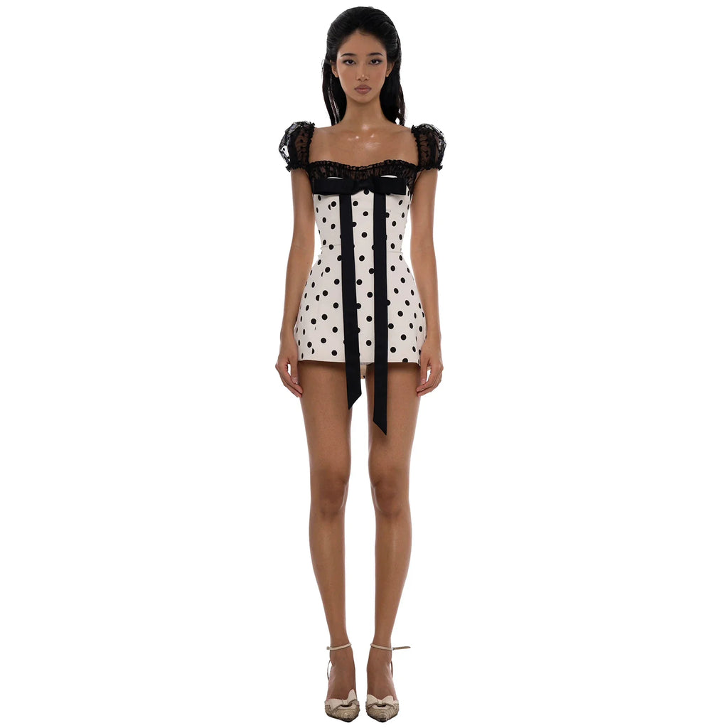 Xmzty | French Polka Dot Lace Bow Square Neck Mini Dress for Women