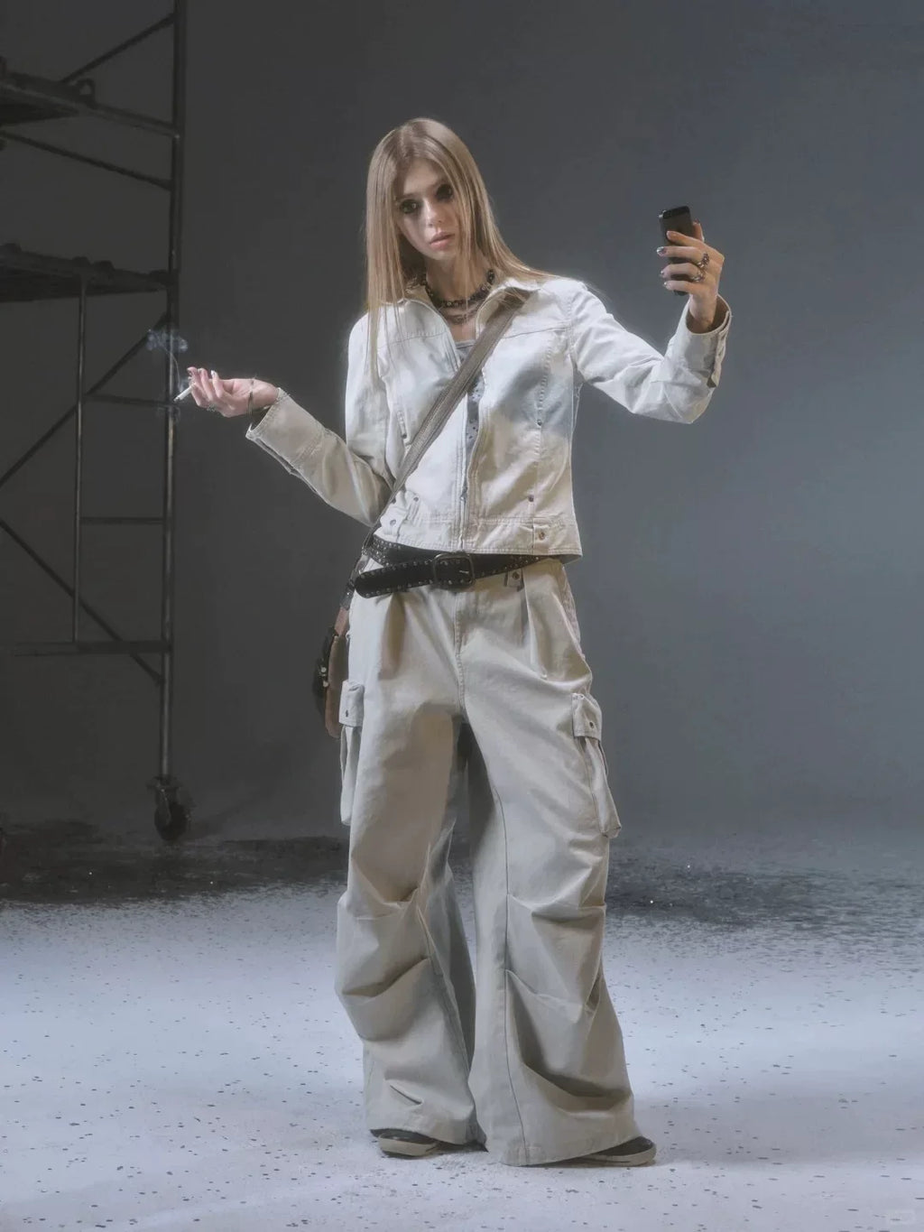 Xmzty | White Metallic Slim-Fit Zippered Punk Short Jacket