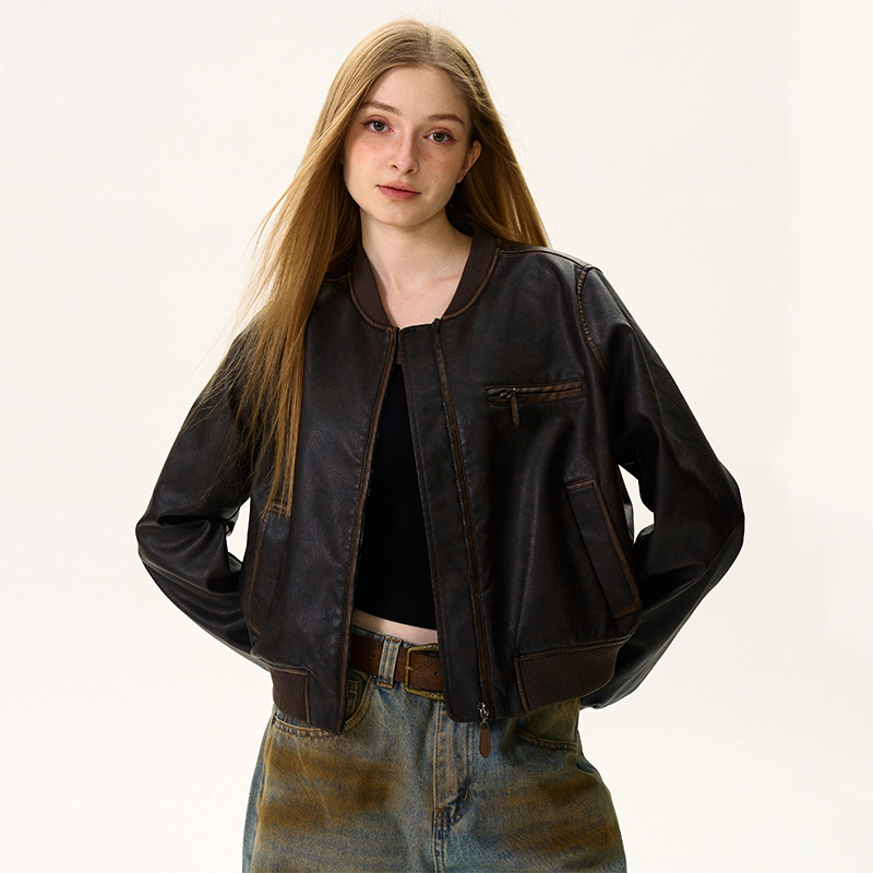 Xmzty | Retro Distressed Brown Leather Motorcycle Jacket