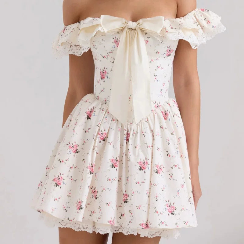 Xmzty | French Sweet One Shoulder Floral Dress with Bow for Women