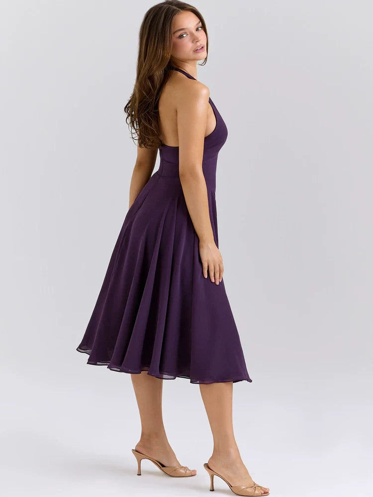 Xmzty | French Romantic Purple Halter Neck Backless Deep V Dress for Women