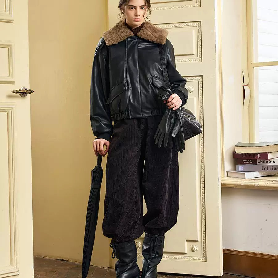 Xmzty | Retro Short Leather Biker Jacket with Fur One-Lapel