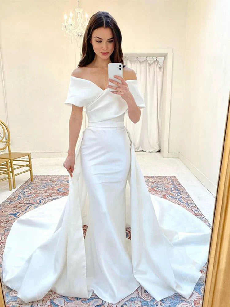 Xmzty | French Satin One-Shoulder Wedding Dress with Long Elegant Tail