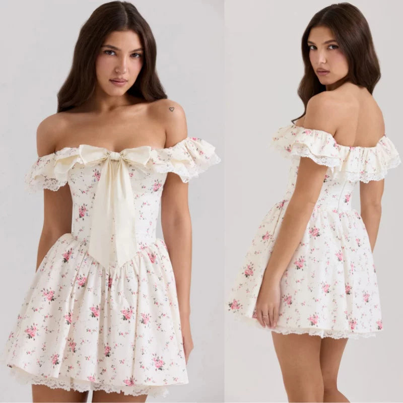 Xmzty | French Sweet One Shoulder Floral Dress with Bow for Women