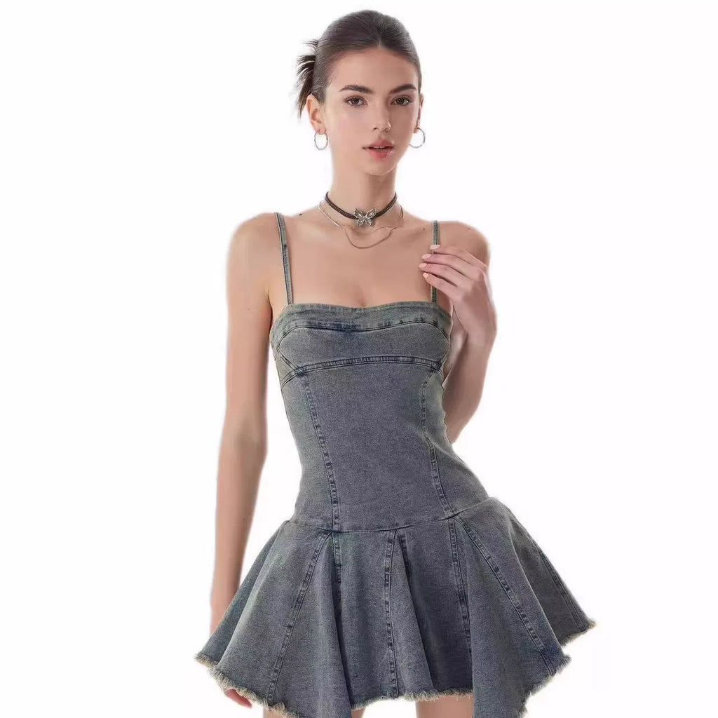 Xmzty | American Retro Denim Suspender Mini Dress with Waist-Defining Fit