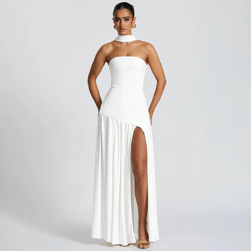 Xmzty | European-American One-Shoulder Tube Top High-Slit MIDI Dress for Women