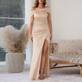 Xmzty | European-American One-Shoulder Satin Dress with Slit and Slim Long Skirt