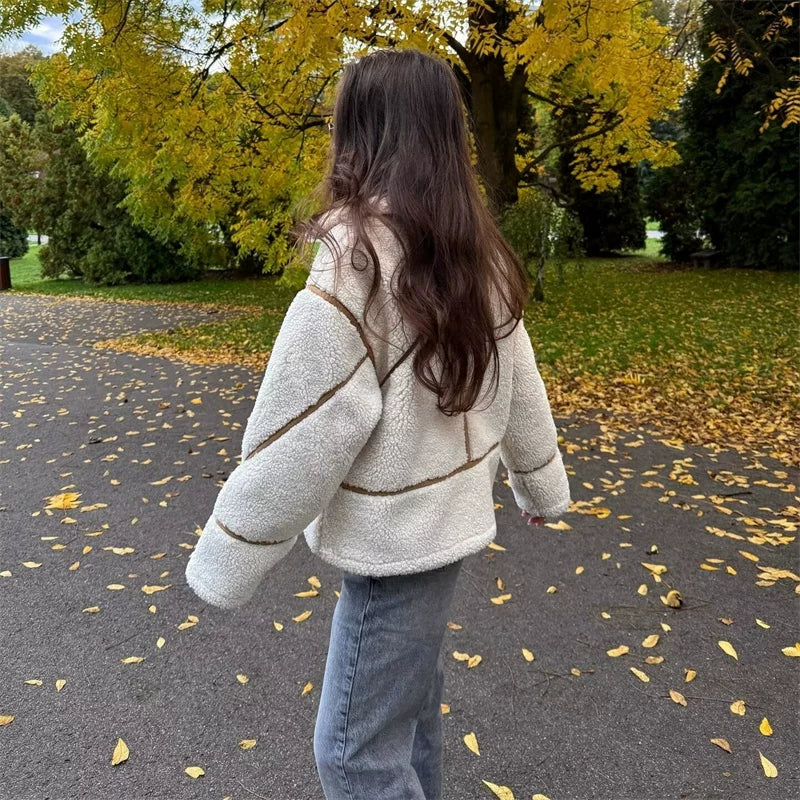 Xmzty | American Retro Motorcycle Jacket with Contrast Fleece Lapel