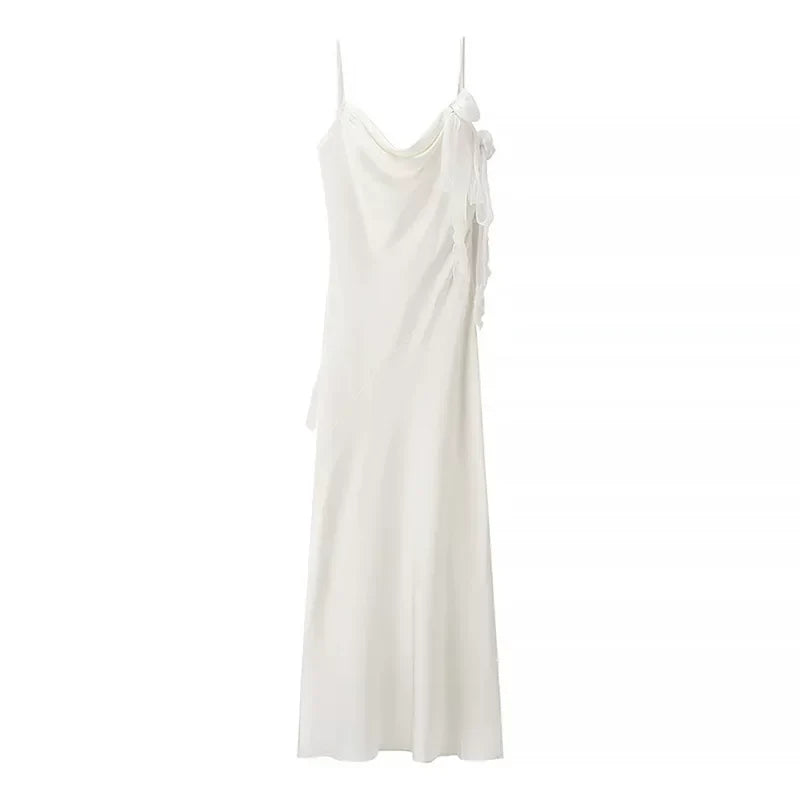 Xmzty | French Satin Backless Holiday Slip Dress with Floral Detail