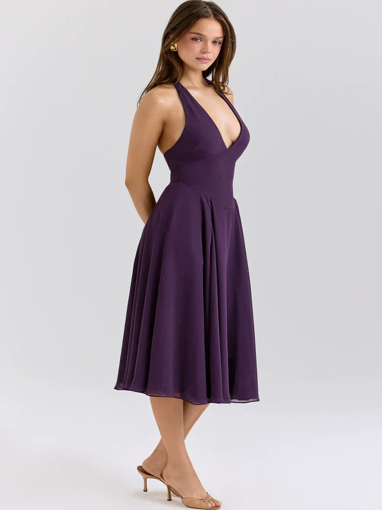 Xmzty | French Romantic Purple Halter Neck Backless Deep V Dress for Women