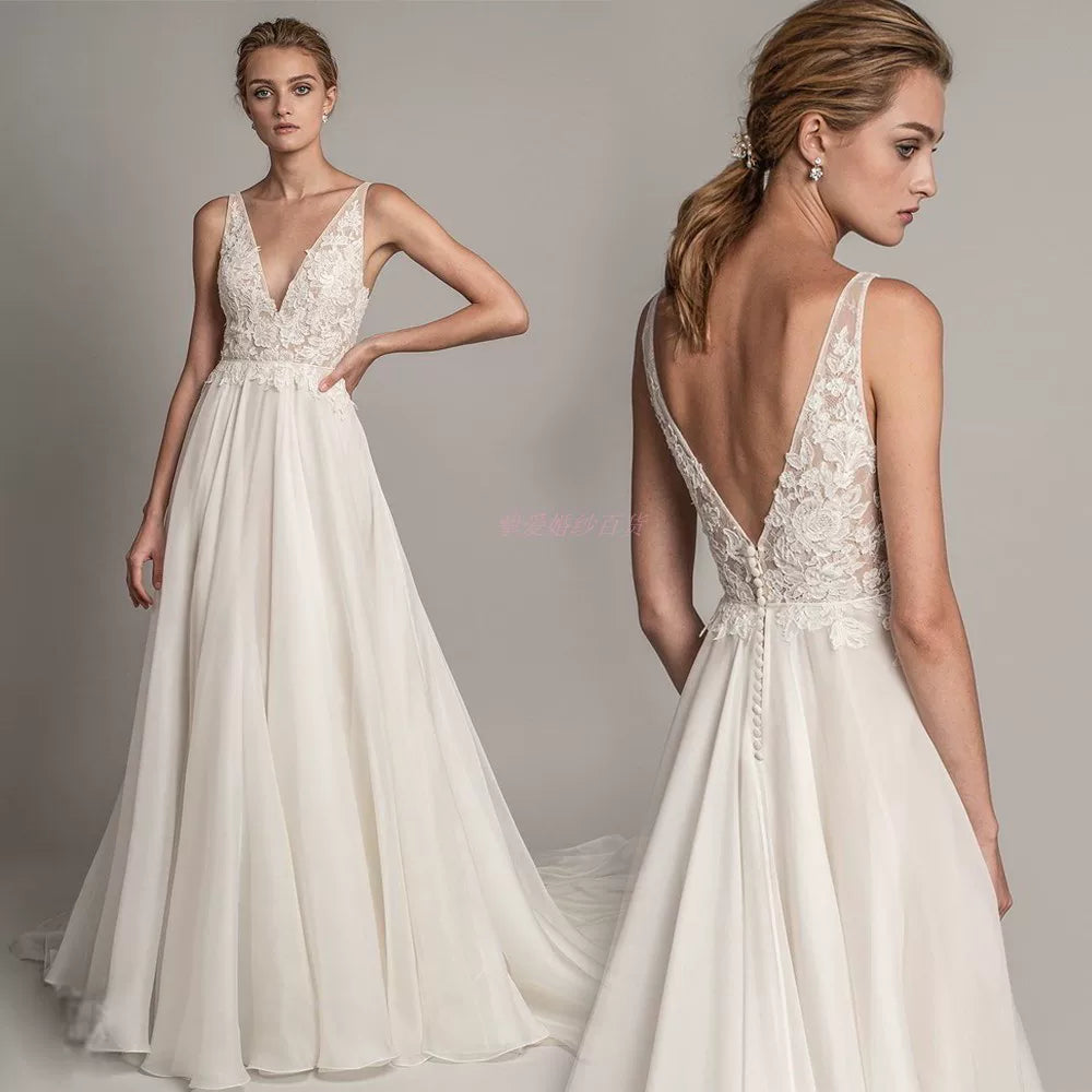 Xmzty | Double Shoulder Deep V Neck Lace Long Dress for Light Weddings