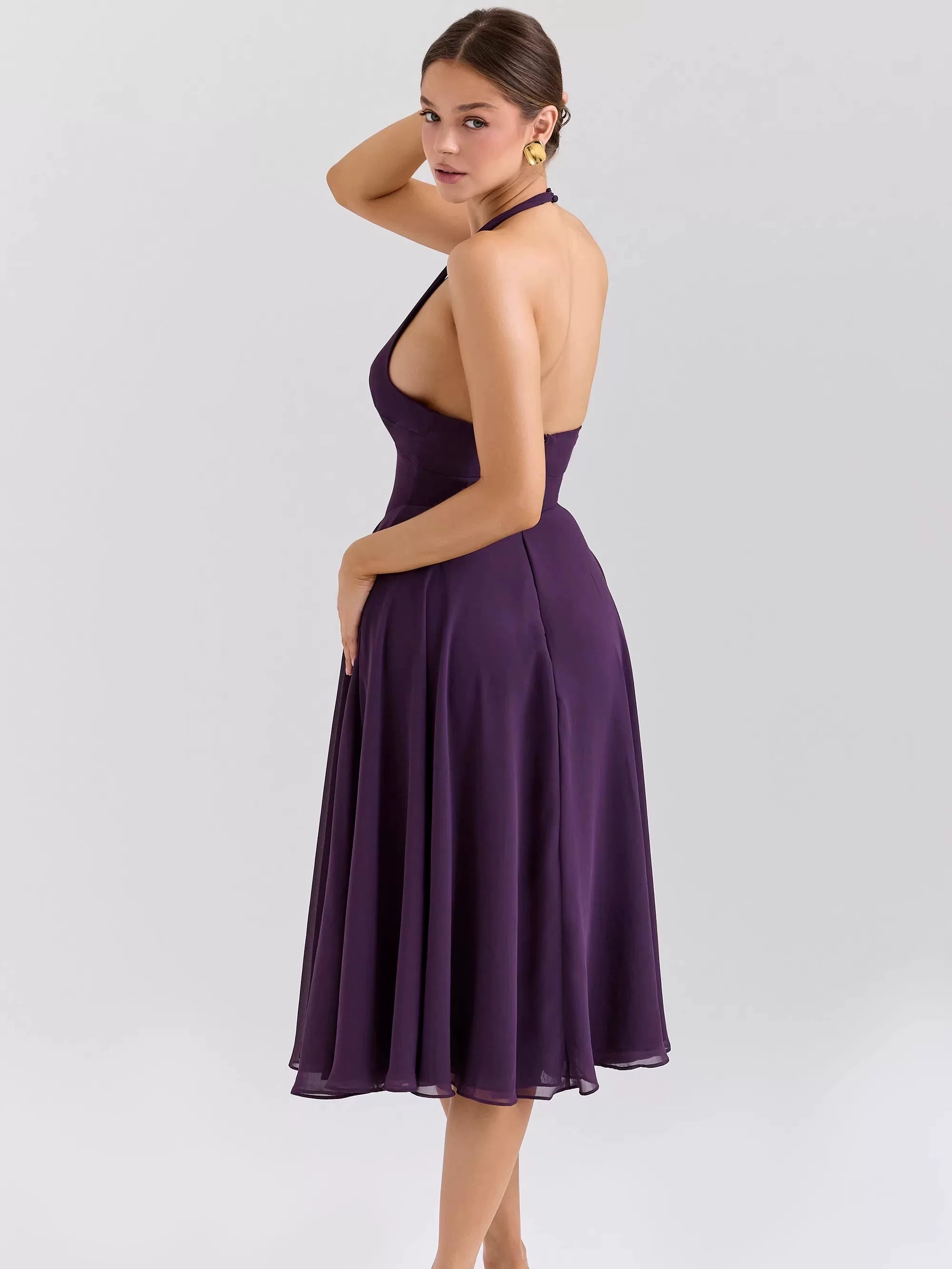 Xmzty | French Romantic Purple Halter Neck Backless Deep V Dress for Women