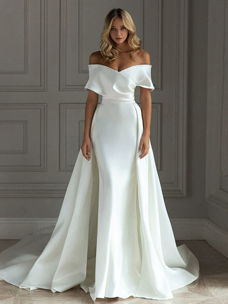 Xmzty | French Satin One-Shoulder Wedding Dress with Long Elegant Tail