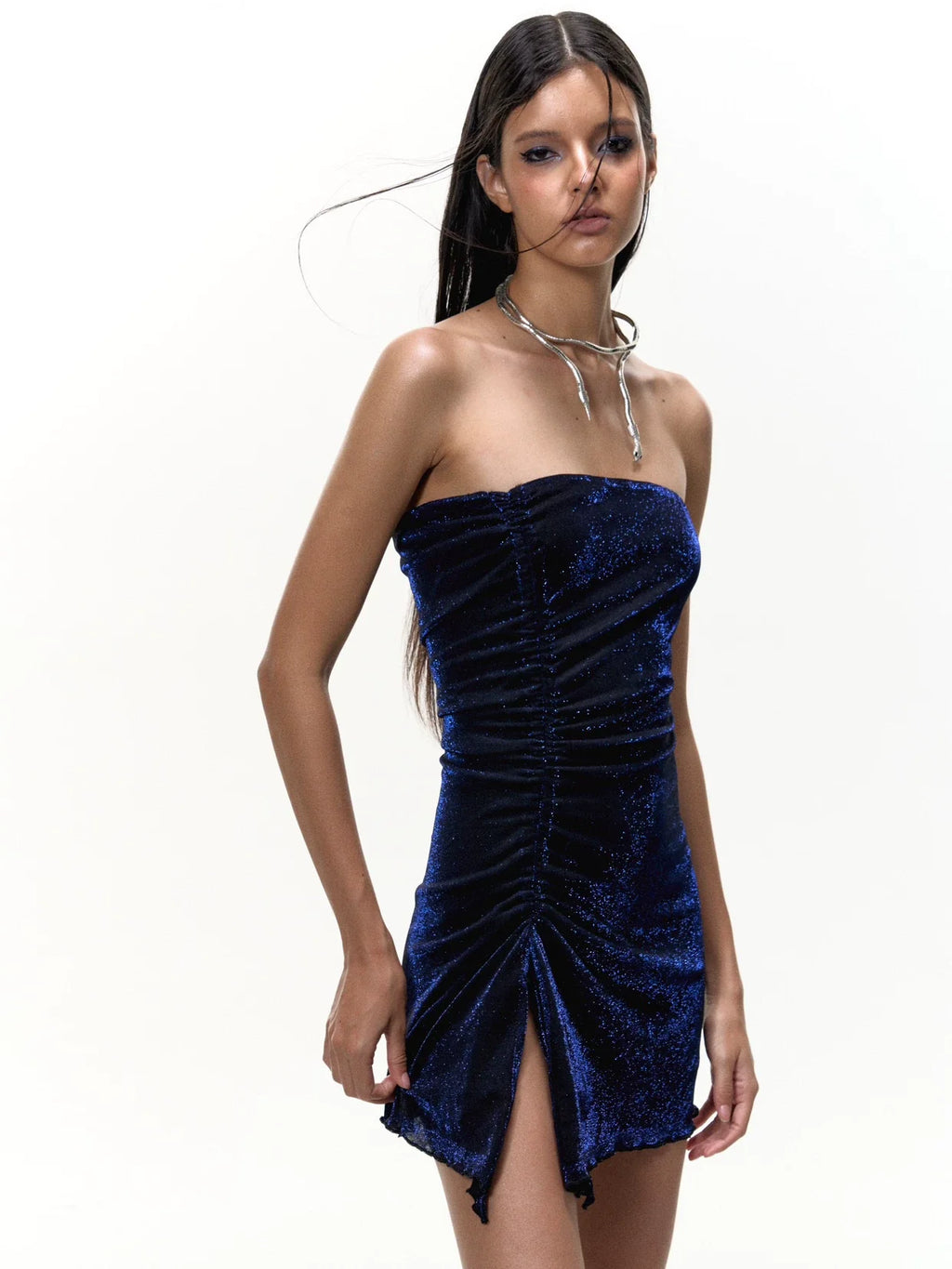 Xmzty | Asymmetrical Tube Top Starry Print Mini Dress with Waist-Defining Fit